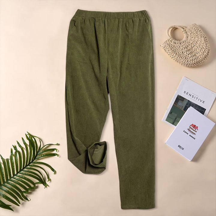 Pantalones de pana de color puro con bolsillos para mujer Buddha Stones Commute - Verde oliva - US16，UK/AU20，EU48 (3XL) - image 23