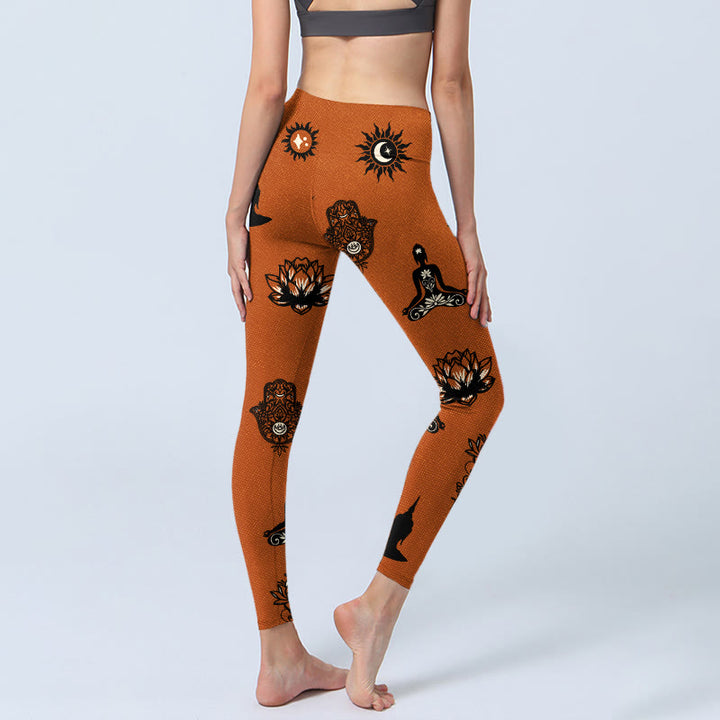 Buddha Stones Leggings de yoga para mujer con estampado de mano de Hamsa y sol de loto - image 4