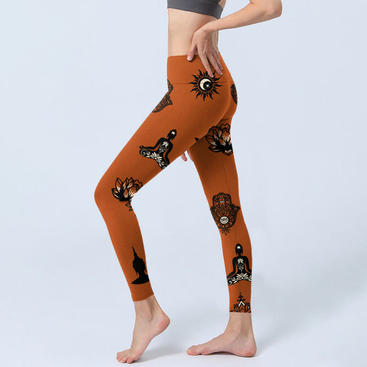 Buddha Stones Leggings de yoga para mujer con estampado de mano de Hamsa y sol de loto - image 2