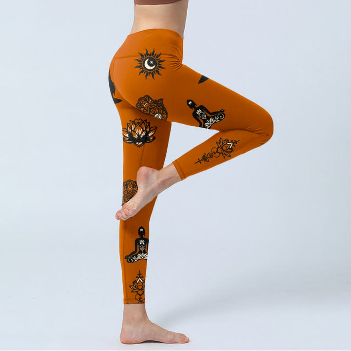Buddha Stones Leggings de yoga para mujer con estampado de mano de Hamsa y sol de loto - image 3