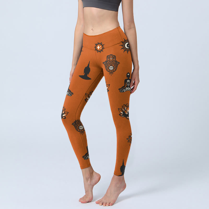 Buddha Stones Leggings de yoga para mujer con estampado de mano de Hamsa y sol de loto - Chocolate - US18，UK/AU22，EU50 (4XL) - image 0