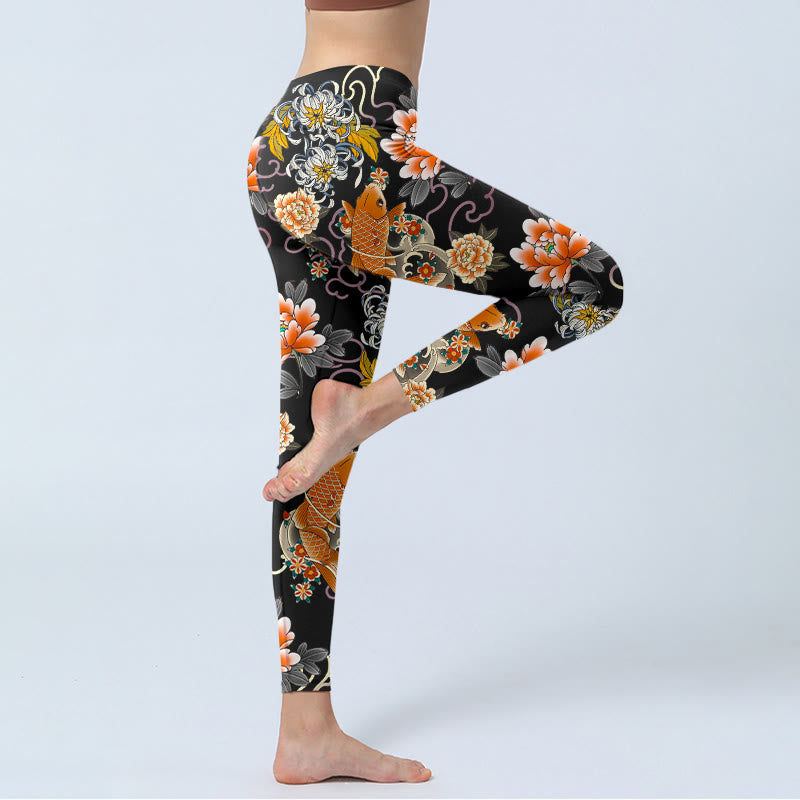 Buddha Stones Leggings de yoga para mujer con estampado de peces koi, peonías, crisantemos y nubes - image 3