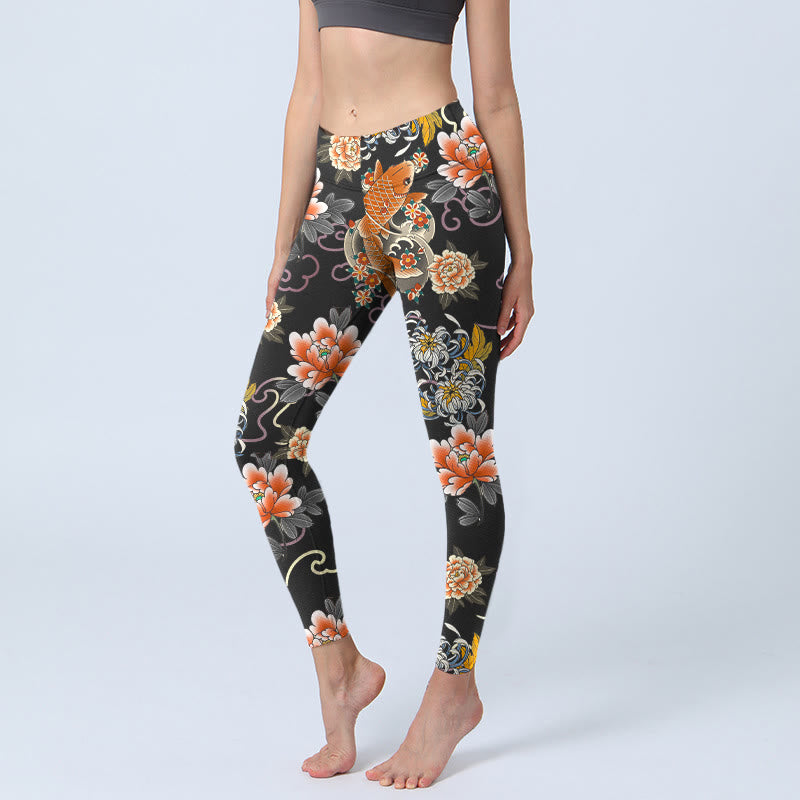 Buddha Stones Leggings de yoga para mujer con estampado de peces koi, peonías, crisantemos y nubes - Negro - US18，UK/AU22，EU50 (4XL) - image 0