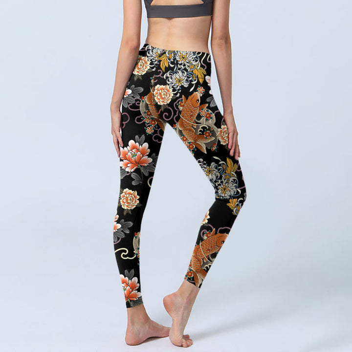 Buddha Stones Leggings de yoga para mujer con estampado de peces koi, peonías, crisantemos y nubes - image 4