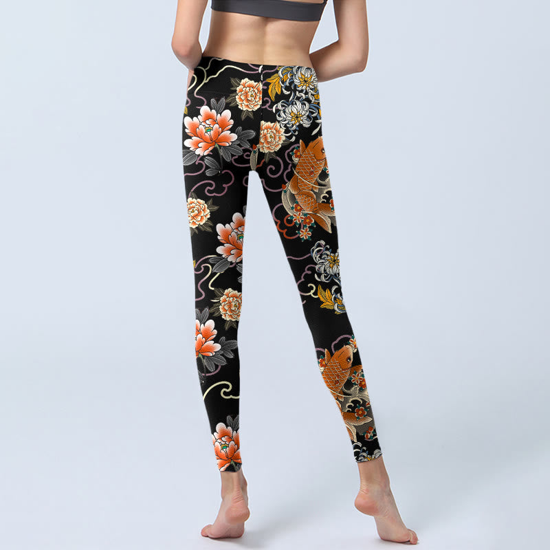 Buddha Stones Leggings de yoga para mujer con estampado de peces koi, peonías, crisantemos y nubes - image 6