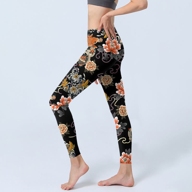 Buddha Stones Leggings de yoga para mujer con estampado de peces koi, peonías, crisantemos y nubes - image 2