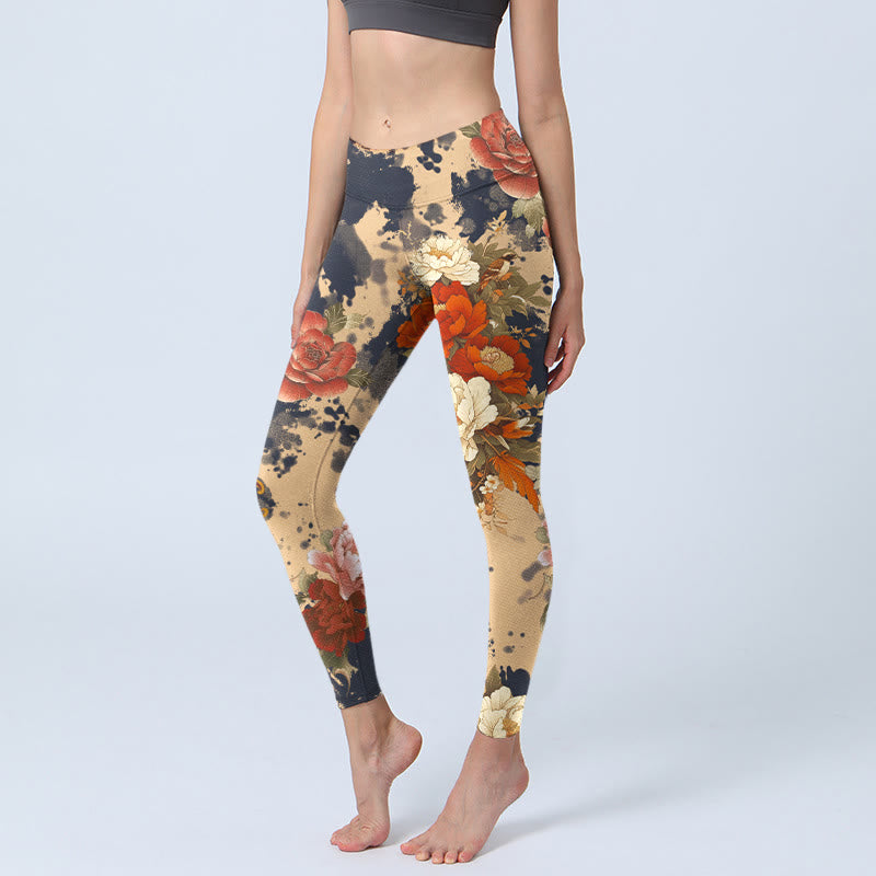 Buddha Stones Leggings de yoga para mujer con estampado de peonías y crisantemos en estilo de pintura a tinta - Trigo - US18，UK/AU22，EU50 (4XL) - image 0