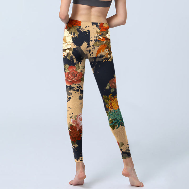 Buddha Stones Leggings de yoga para mujer con estampado de peonías y crisantemos en estilo de pintura a tinta - image 6