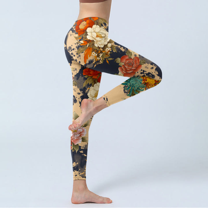 Buddha Stones Leggings de yoga para mujer con estampado de peonías y crisantemos en estilo de pintura a tinta - image 3