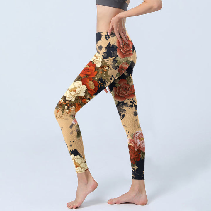Buddha Stones Leggings de yoga para mujer con estampado de peonías y crisantemos en estilo de pintura a tinta - image 2