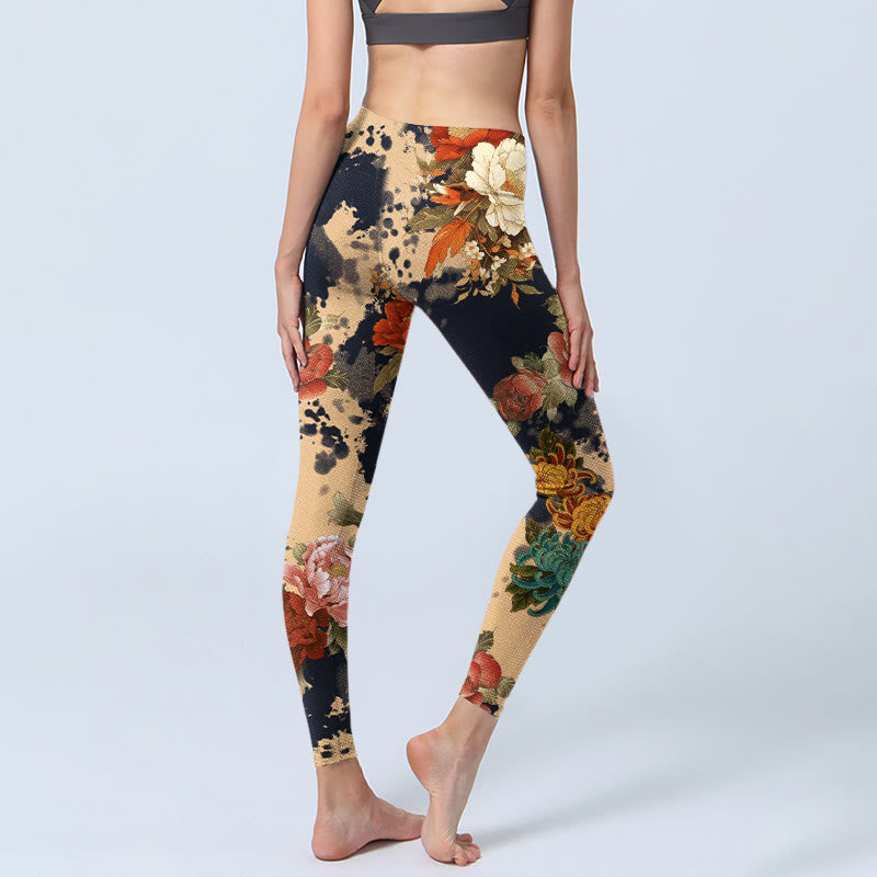 Buddha Stones Leggings de yoga para mujer con estampado de peonías y crisantemos en estilo de pintura a tinta - image 4
