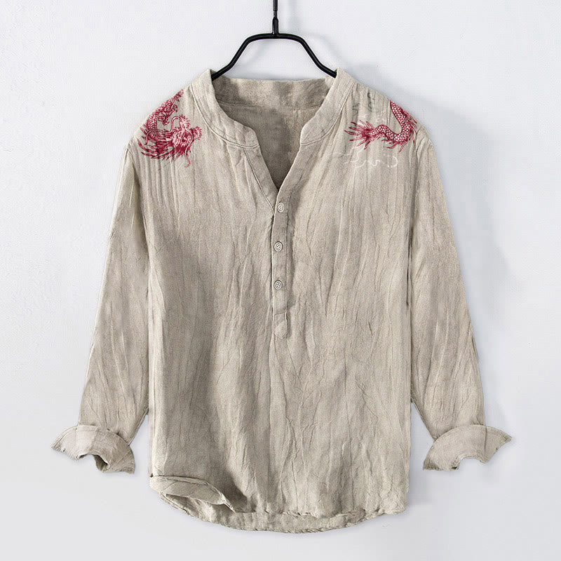 Camisa de manga larga para hombre con botones a la mitad, de algodón y lino, con estampado de dragón rojo y Buddha Stones. - Lino - US/UK/AU50, EU60 (5XL) - image 6