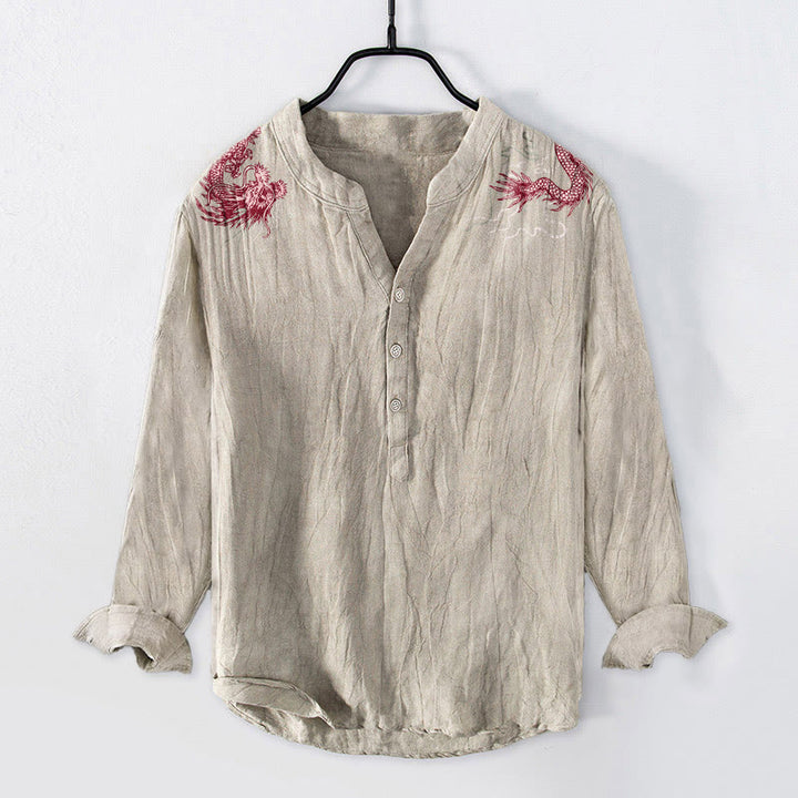 Camisa de manga larga para hombre con botones a la mitad, de algodón y lino, con estampado de dragón rojo y Buddha Stones. - Lino - US/UK/AU50, EU60 (5XL) - image 6