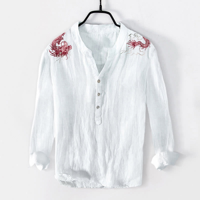 Camisa de manga larga para hombre con botones a la mitad, de algodón y lino, con estampado de dragón rojo y Buddha Stones. - Blanco - US/UK/AU50, EU60 (5XL) - image 3