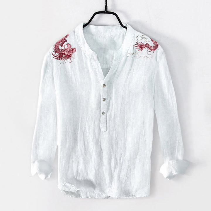 Camisa de manga larga para hombre con botones a la mitad, de algodón y lino, con estampado de dragón rojo y Buddha Stones. - Blanco - US/UK/AU50, EU60 (5XL) - image 3