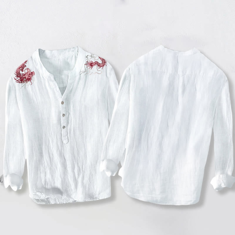 Camisa de manga larga para hombre con botones a la mitad, de algodón y lino, con estampado de dragón rojo y Buddha Stones. - image 5