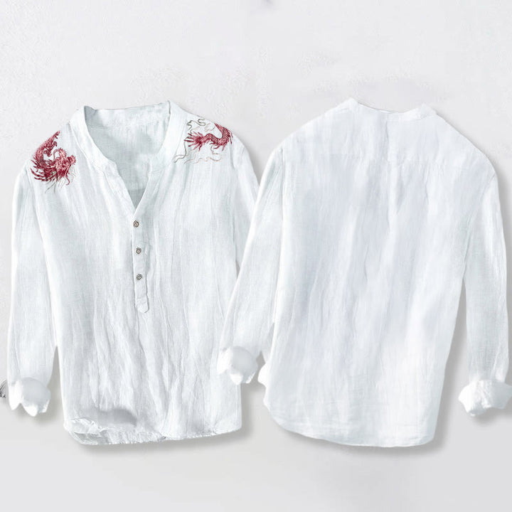 Camisa de manga larga para hombre con botones a la mitad, de algodón y lino, con estampado de dragón rojo y Buddha Stones. - image 5