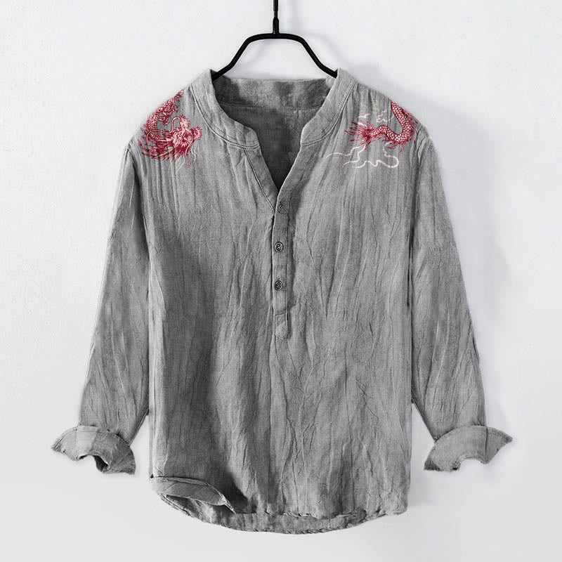 Camisa de manga larga para hombre con botones a la mitad, de algodón y lino, con estampado de dragón rojo y Buddha Stones. - Gris - US/UK/AU50, EU60 (5XL) - image 0