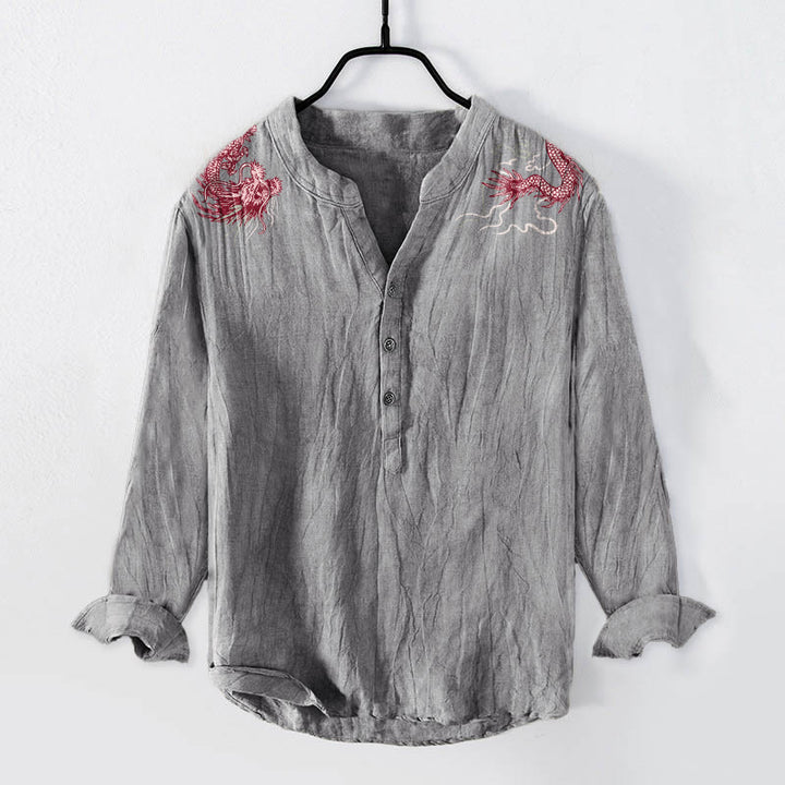 Camisa de manga larga para hombre con botones a la mitad, de algodón y lino, con estampado de dragón rojo y Buddha Stones. - Gris - US/UK/AU50, EU60 (5XL) - image 0