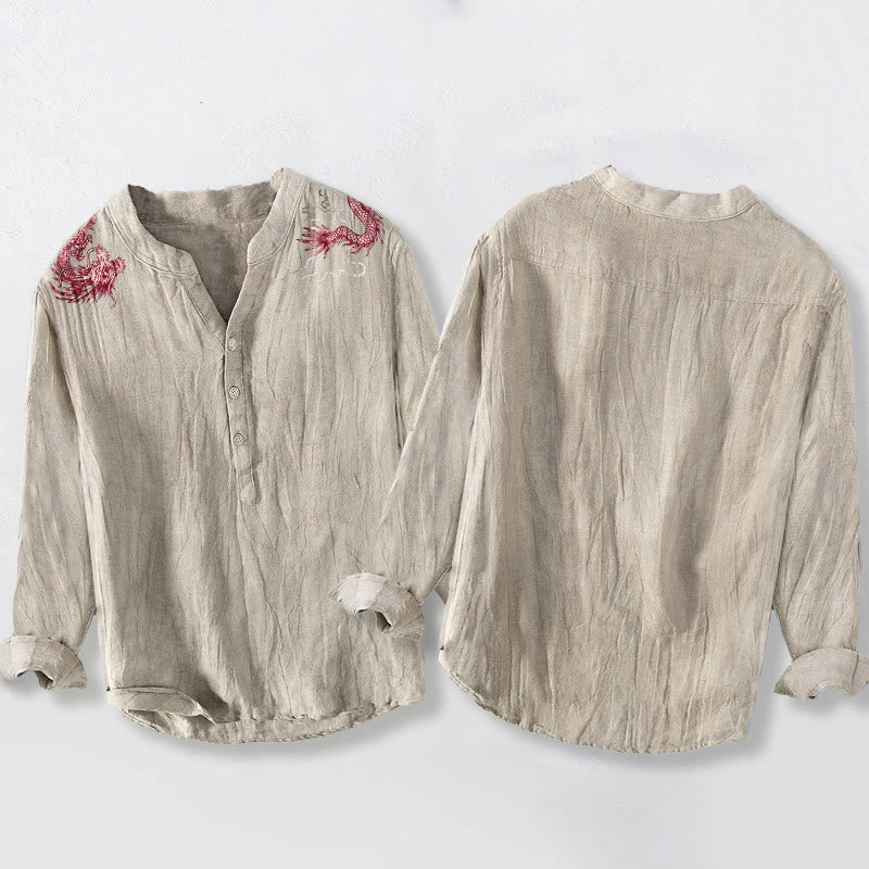 Camisa de manga larga para hombre con botones a la mitad, de algodón y lino, con estampado de dragón rojo y Buddha Stones. - image 8