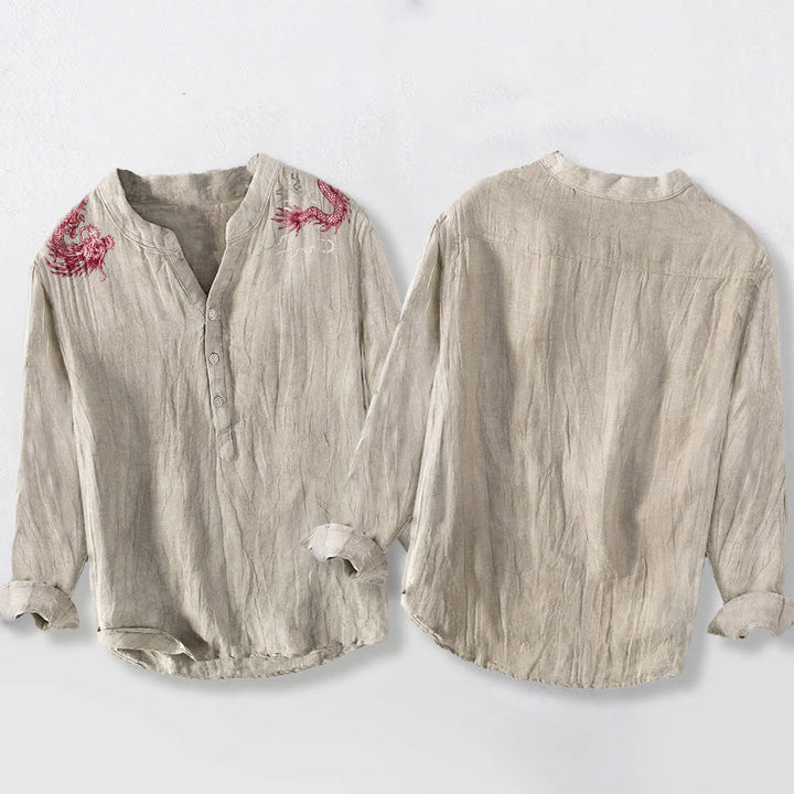 Camisa de manga larga para hombre con botones a la mitad, de algodón y lino, con estampado de dragón rojo y Buddha Stones. - image 8