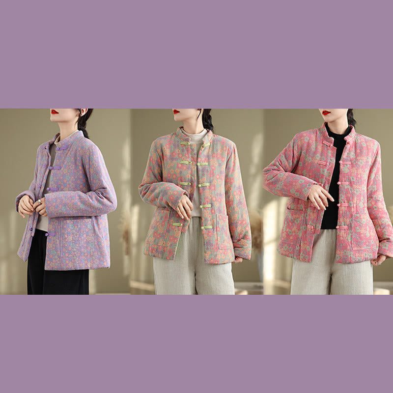 Chaqueta de invierno de algodón grueso con estampado floral, manga larga y bolsillos para mujer de Buddha Stones - image 27