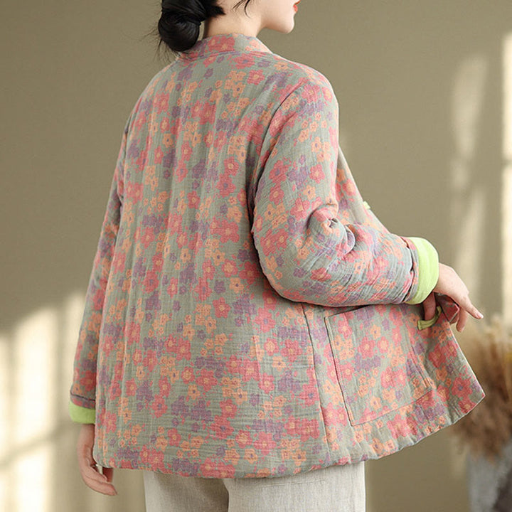 Chaqueta de invierno de algodón grueso con estampado floral, manga larga y bolsillos para mujer de Buddha Stones - image 5