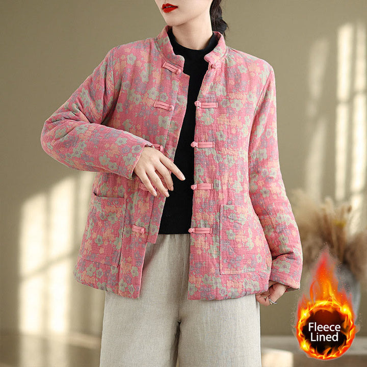 Chaqueta de invierno de algodón grueso con estampado floral, manga larga y bolsillos para mujer de Buddha Stones - Rosa oscuro - US8-10，UK/AU12-14，EU40-42 (2XL) - image 7