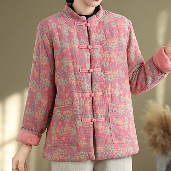 Chaqueta de invierno de algodón grueso con estampado floral, manga larga y bolsillos para mujer de Buddha Stones - image 11