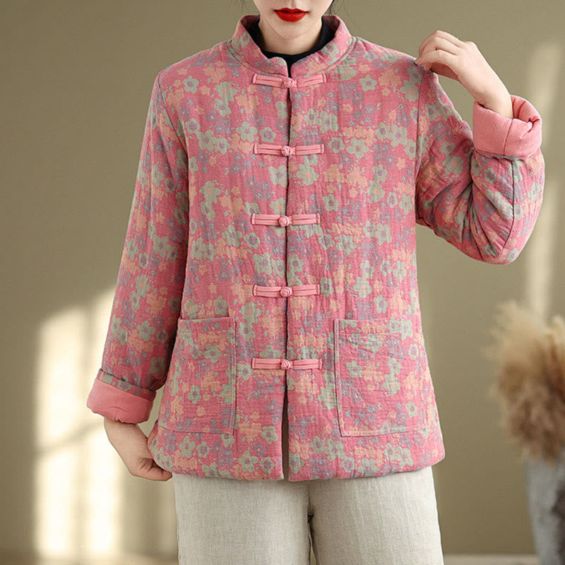 Chaqueta de invierno de algodón grueso con estampado floral, manga larga y bolsillos para mujer de Buddha Stones - image 10