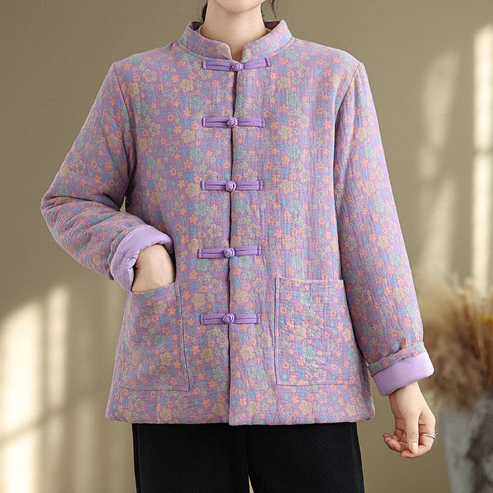 Chaqueta de invierno de algodón grueso con estampado floral, manga larga y bolsillos para mujer de Buddha Stones - image 18