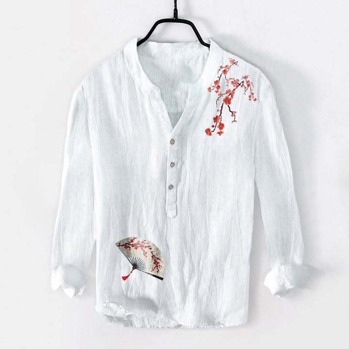 Camisa de manga larga de lino y algodón para hombre con diseño de abanico plegable con flores de ciruelo y Buddha Stones, con botones y medio botón. - Blanco - US/UK/AU50, EU60 (5XL) - image 6