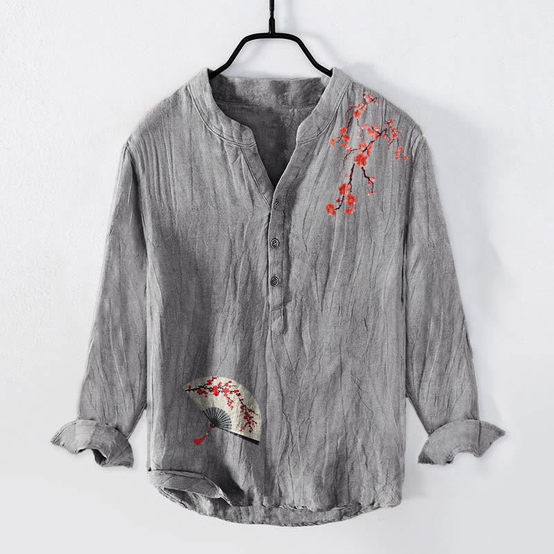 Camisa de manga larga de lino y algodón para hombre con diseño de abanico plegable con flores de ciruelo y Buddha Stones, con botones y medio botón. - Gris - US/UK/AU50, EU60 (5XL) - image 3