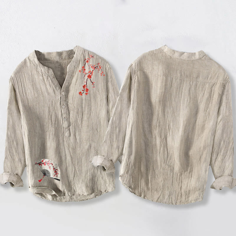 Camisa de manga larga de lino y algodón para hombre con diseño de abanico plegable con flores de ciruelo y Buddha Stones, con botones y medio botón. - image 2