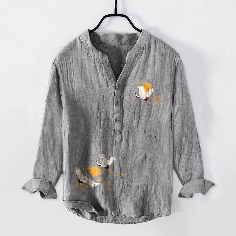 Camisa de manga larga de lino y algodón para hombre con diseño de grulla dorada y Buddha Stones, con botones y medio cuello - Gris - US/UK/AU50, EU60 (5XL) - image 0