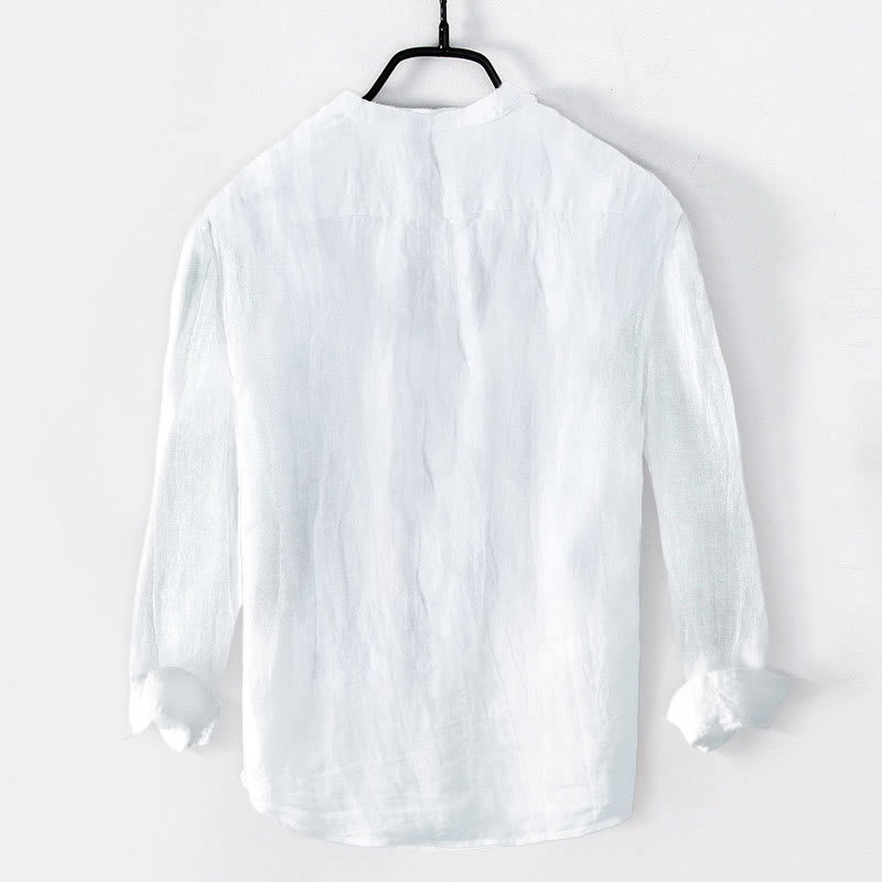 Camisa de manga larga de lino y algodón para hombre con diseño de grulla dorada y Buddha Stones, con botones y medio cuello - image 4