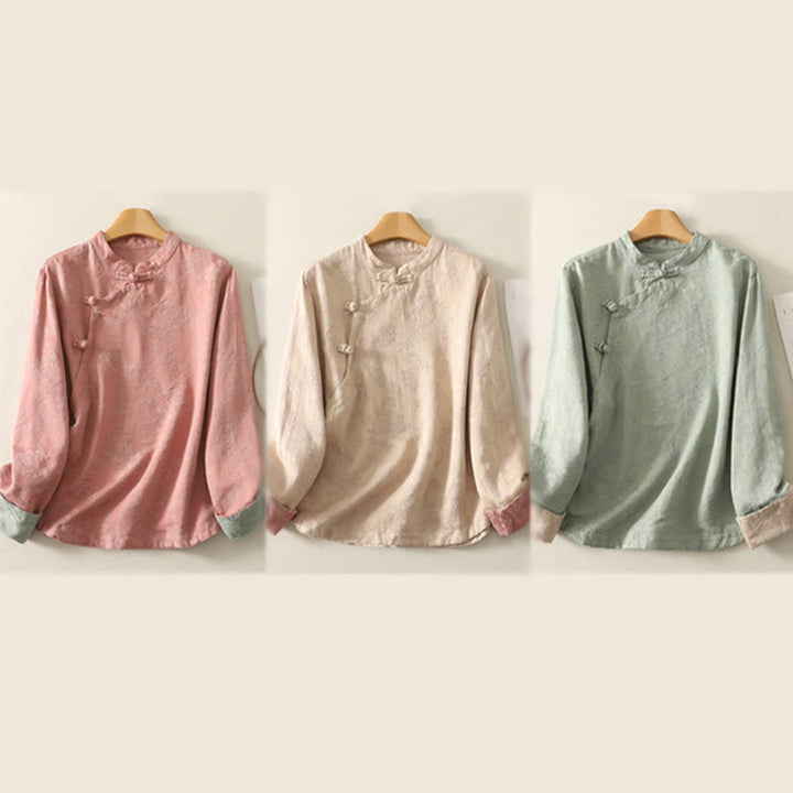 Camisa de manga larga de algodón zen para mujer con diseño jacquard liso de Buddha Stones de primavera - image 23