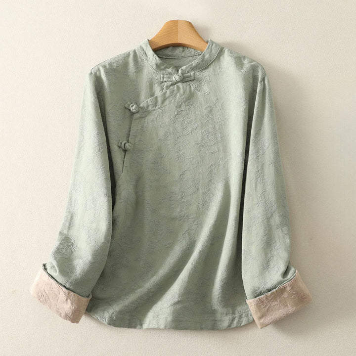 Camisa de manga larga de algodón zen para mujer con diseño jacquard liso de Buddha Stones de primavera - Verde pálido - US8-10，UK/AU12-14，EU40-42 (2XL) - image 0