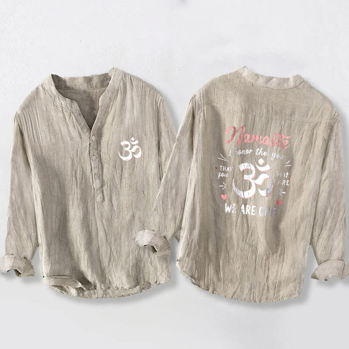 Camisa de manga larga para hombre con botones y estampado Om de Buddha Stones "Namaste I Honrate the You". Diseño de media botonadura en algodón y lino. - Lino - US/UK/AU50, EU60 (5XL) - image 3