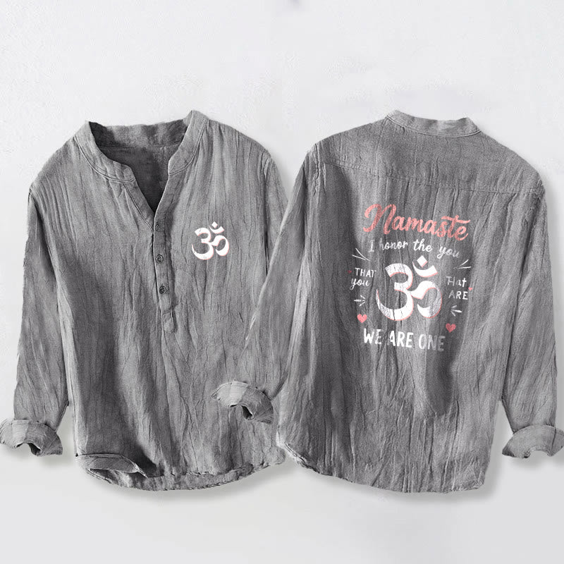 Camisa de manga larga para hombre con botones y estampado Om de Buddha Stones "Namaste I Honrate the You". Diseño de media botonadura en algodón y lino. - Gris - US/UK/AU50, EU60 (5XL) - image 6