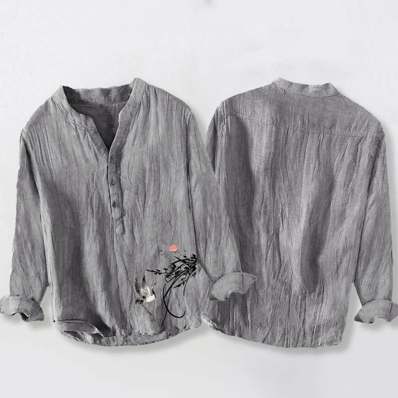 Camisa de manga larga de algodón y lino para hombre con diseño de Buddha Stones naciente y ramas de grulla, con botones a la izquierda - image 5