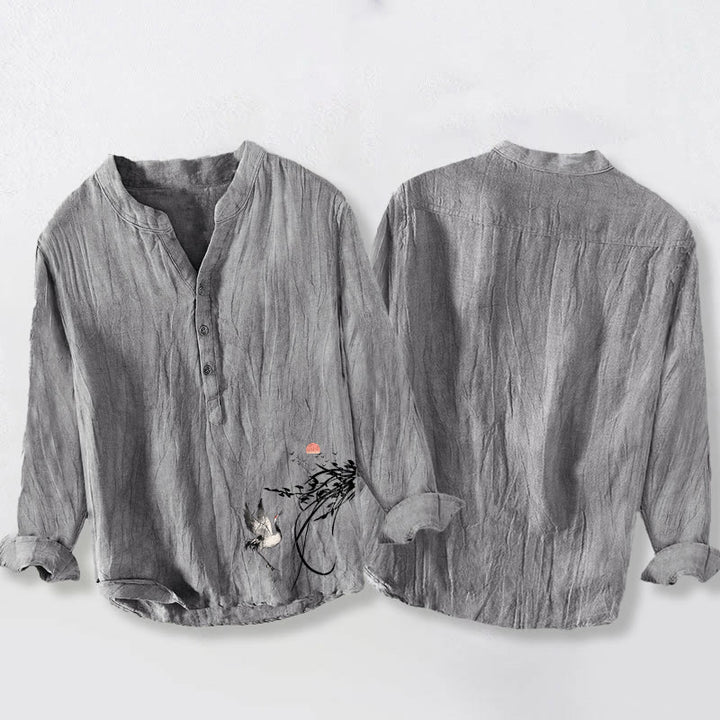 Camisa de manga larga de algodón y lino para hombre con diseño de Buddha Stones naciente y ramas de grulla, con botones a la izquierda - image 5