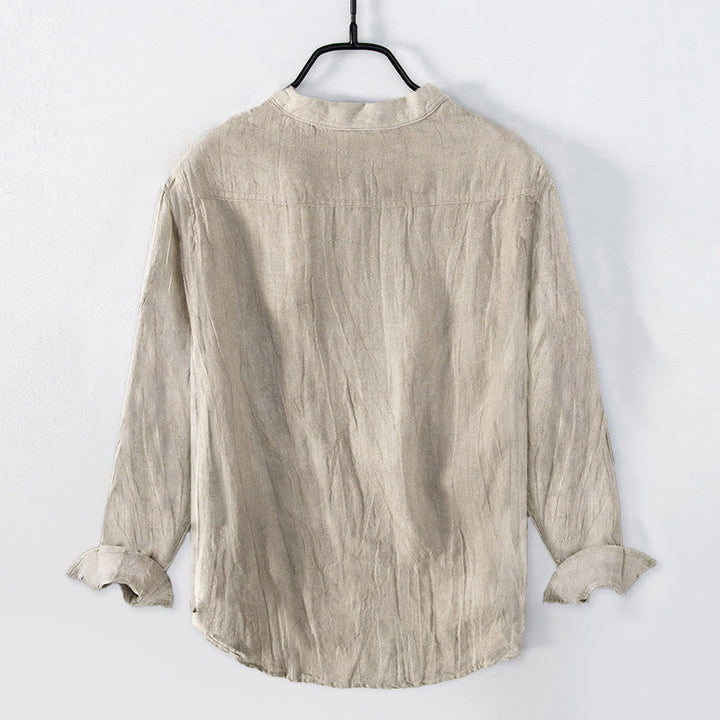 Camisa de manga larga de algodón y lino para hombre con diseño de Buddha Stones naciente y ramas de grulla, con botones a la izquierda - image 1