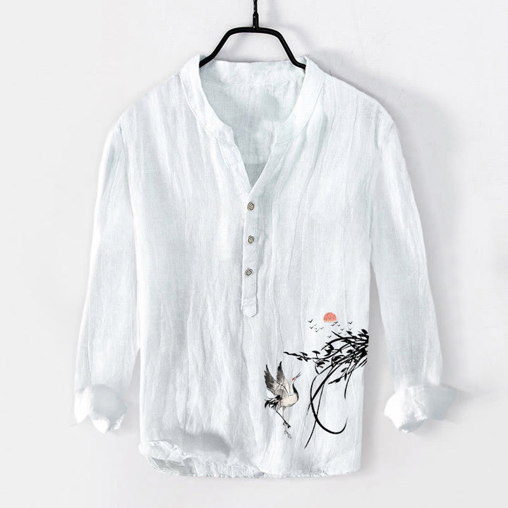 Camisa de manga larga de algodón y lino para hombre con diseño de Buddha Stones naciente y ramas de grulla, con botones a la izquierda - Blanco - US/UK/AU50, EU60 (5XL) - image 6