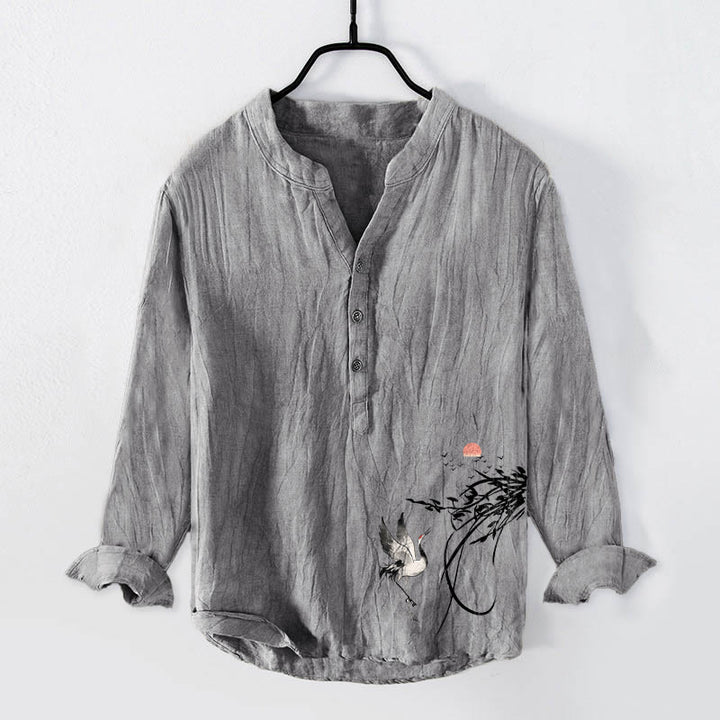 Camisa de manga larga de algodón y lino para hombre con diseño de Buddha Stones naciente y ramas de grulla, con botones a la izquierda - Gris - US/UK/AU50, EU60 (5XL) - image 3