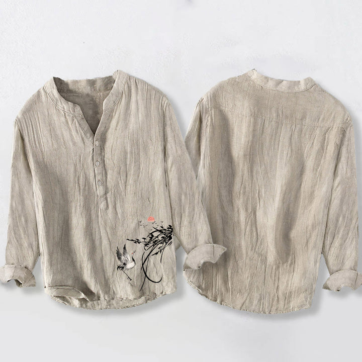 Camisa de manga larga de algodón y lino para hombre con diseño de Buddha Stones naciente y ramas de grulla, con botones a la izquierda - image 2