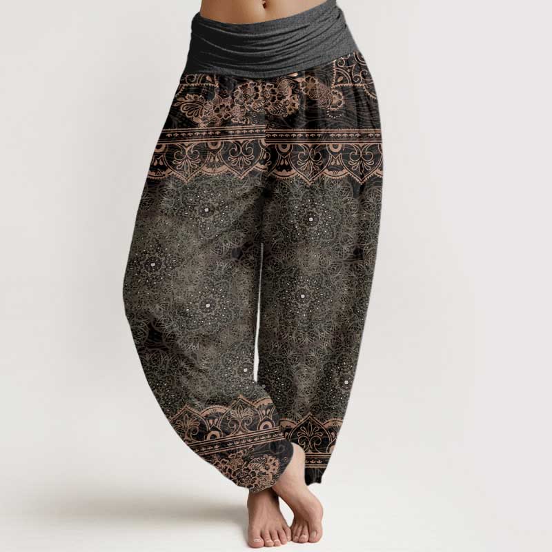 Pantalones harén de algodón puro con diseño elegante de mandala y flores de Buddha Stones para mujer, cintura elástica - Verde oliva - US22，UK/AU26，EU54 (6XL) - image 9
