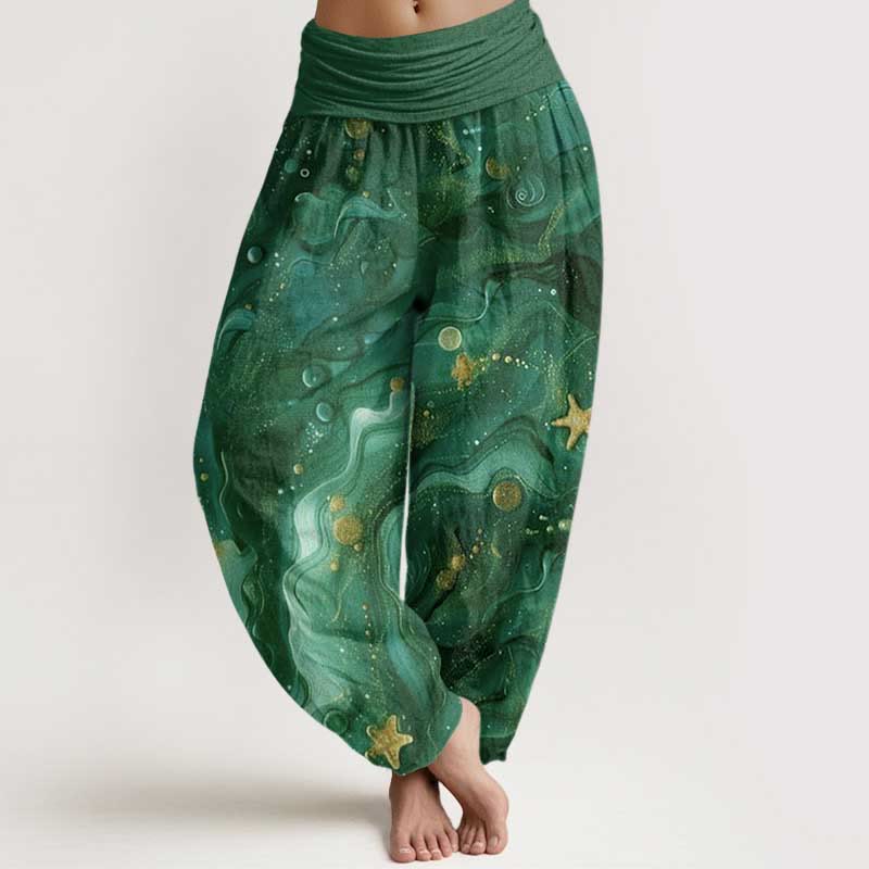 Pantalones harén con cintura elástica para mujer con estampado de estrellas doradas y oceánicas de Buddha Stones - Verde oscuro - US22，UK/AU26，EU54 (6XL) - image 7