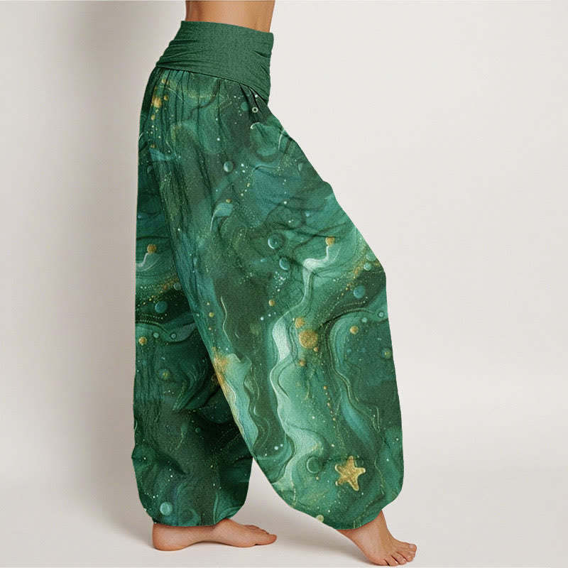 Pantalones harén con cintura elástica para mujer con estampado de estrellas doradas y oceánicas de Buddha Stones - image 9