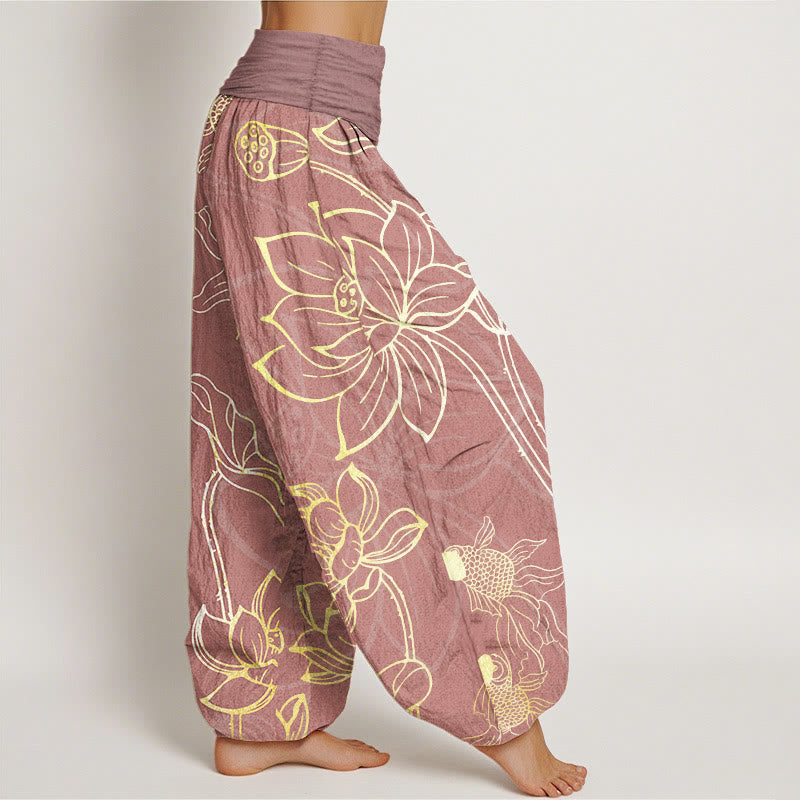 Pantalones Buddha Stones de algodón puro con diseño de hojas de loto y peces koi para mujer, con cintura elástica - image 8